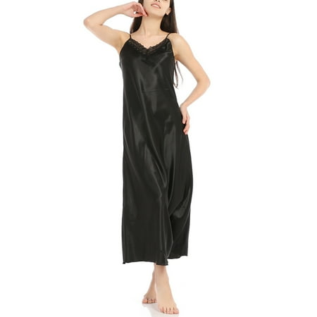 Defitshape Women s Satin Nightgown Long Silk Sleep Dress Sleep Dress Lingerie Chemise Lace Camisole V Neck Loungewear Black X-Small