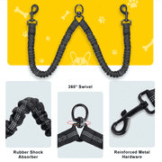 Double Dog Leash for Walking 2 Dogs - Tangle-Free 360° Swivel & Shock-Absorbing Bungee(Black)