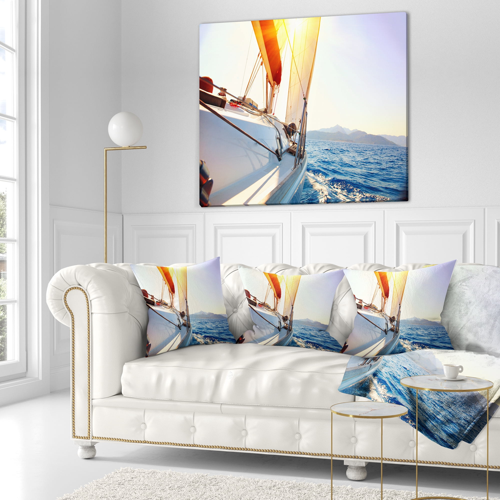 Designart Sailboat Sailing in the Blue Sea - Seashore Throw Pillow - 16x16