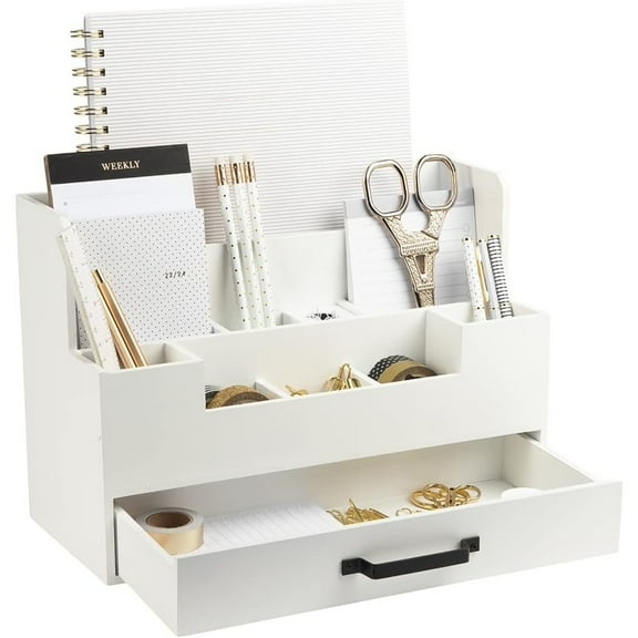 White Wooden Desk Organizer with Drawer – Office Desk Caddy for Supplies and Accessories – Stylish Desktop Storage for Women