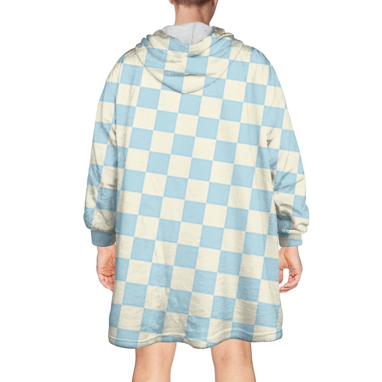 Light Blue and Cream Checkered Pattern Wearable Oversized Blanket,Wearable Blanket Hoodie for Adults,Cozy Hooded Blankets with Super Pockets,Super Warm Fuzzy Pullover for Women & Men