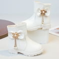 thumbnail image 3 of Girls Snow Boots Sweet Bowknot Fringe Princess Winter Dress Booties Lug Sole Low Heel Warm Furry Lined Zipper Ankle Boots 10 Little Kid White, 3 of 6