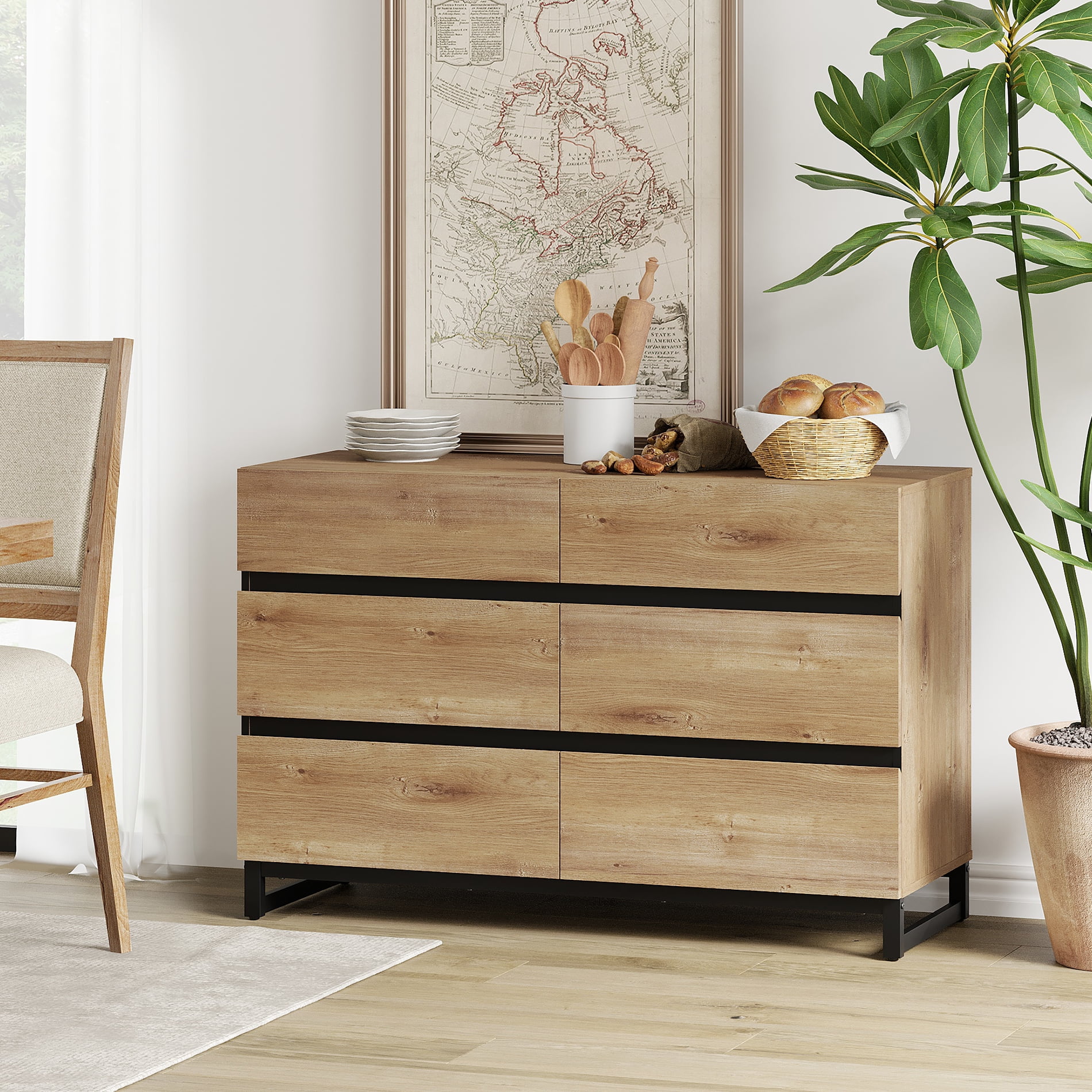 WAMPAT 3 In 1 Modern Sideboard Buffet with 6 Drawers & Adjustable Shelf for Living Room & Kitchen