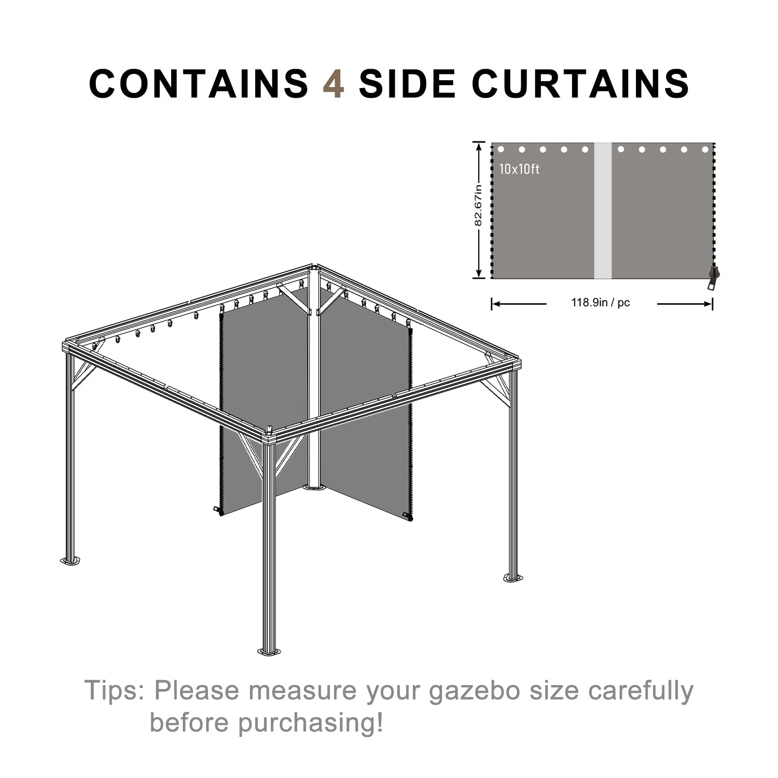 BPS 12'x14' Gazebo Replacement Curtain, Universal 4-Privacy Panel, Outdoor Gazebo Sidewalls with Zipper for Garden, Patio, Yard (Curtains Only)