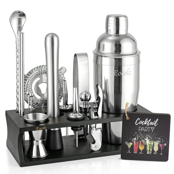 Cocktail Shaker Set Mixology Bartender Kit 17-Piece Bar Tool Set with Bamboo Stand, Bar kit Drink Mixer Set: Matini Shaker Mixing Spoon Muddler Jigger Cocksrew for Barware Set Gift Idea | Black Silver