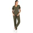 thumbnail image 1 of Minty Mint, Women's, Solid Stretch Medical Uniform Scrub Set V Neck Top Cargo Tapered Jogger Pants, Olive, S, 1 of 2
