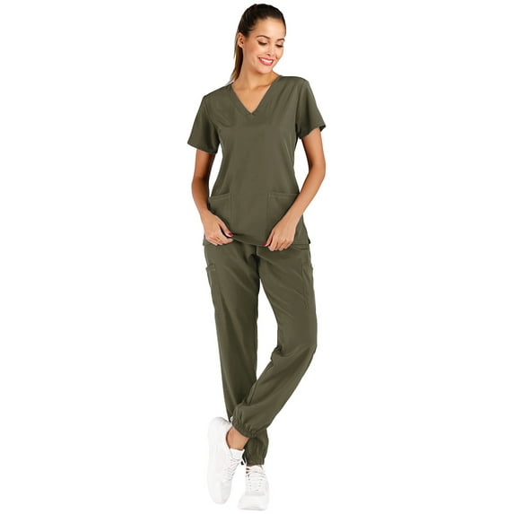 Minty Mint, Women's, Solid Stretch Medical Uniform Scrub Set V Neck Top Cargo Tapered Jogger Pants, Olive, S