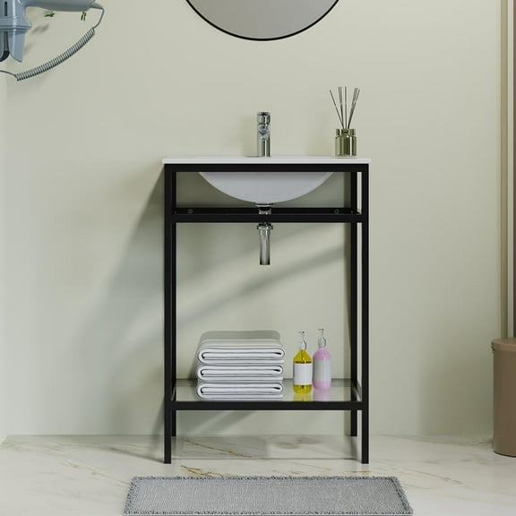 Goodyo 24" Bathroom Vanity with Single Drop in Sink, Modern Bathroom Cabinet and Sink Combo, Tempered Glass Open Shelf, Metal Frame, Black