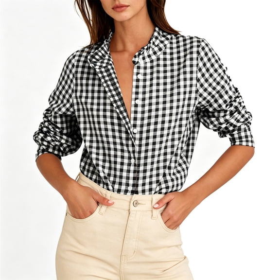 Black White Gingham Plaid Ruffle Collar Button Down Blouse Collared Long Sleeve Loose Casual Office Shirt for Women Spring Fall Daily Wear S-XXL