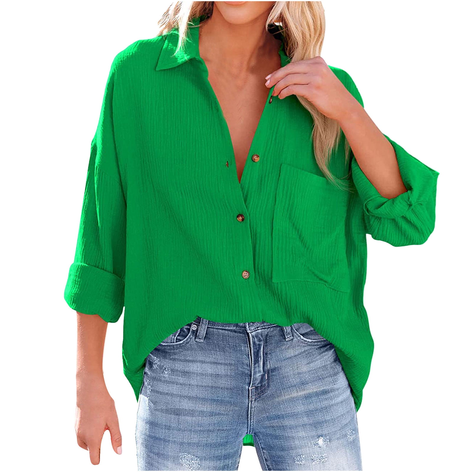 RYRJJ Womens Cotton Button Down Shirt Oversized Casual Long Sleeve Loose  Fit Collared Linen Work Blouse Tops with Pocket(Green,L)