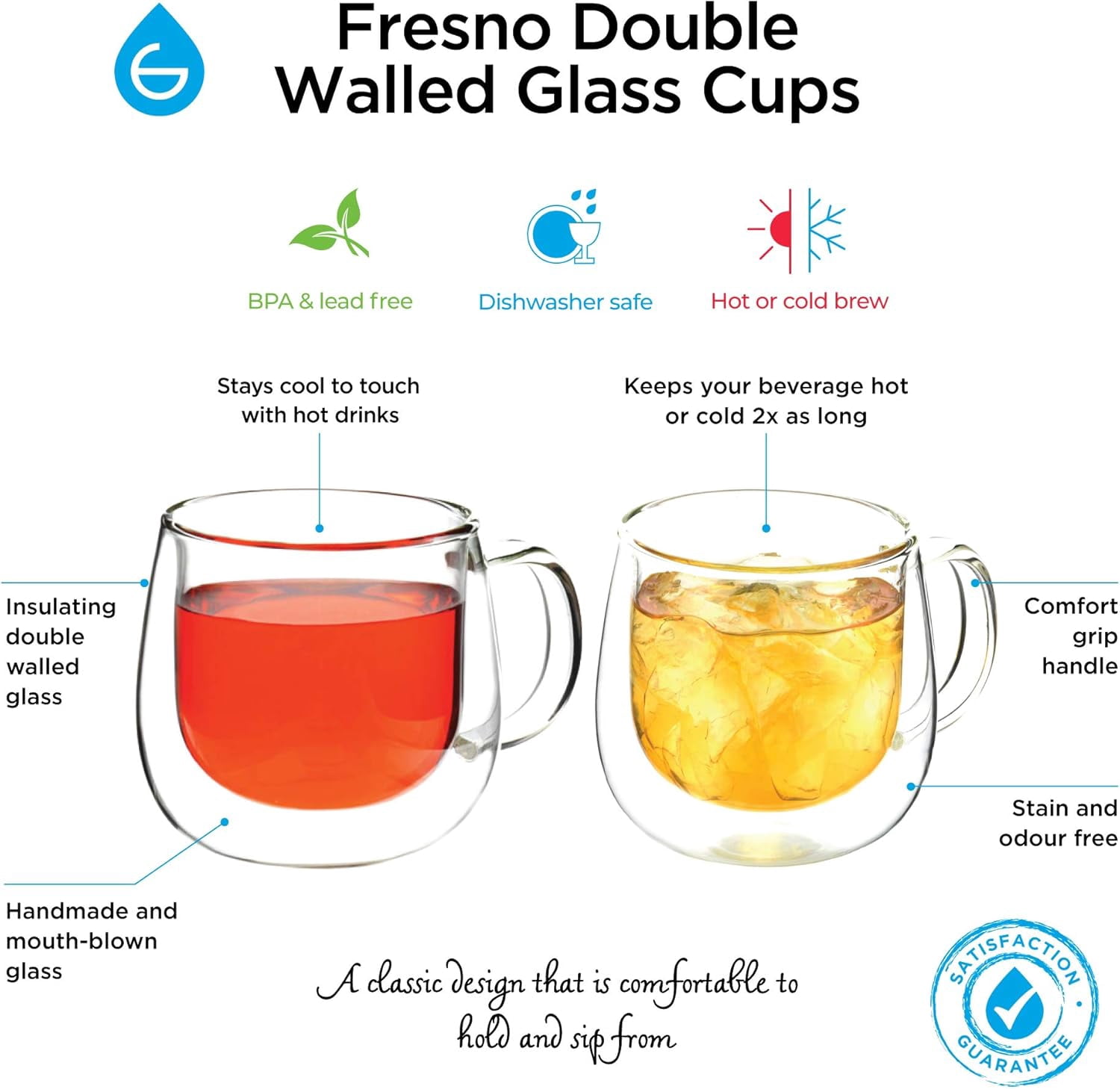 GROSCHE FRESNO Double Walled Glass Coffee Cups – Durable 9.2 fl oz Clear Glass Mugs with Handle for Hot or Cold Beverages – Insulated Glass Tea Cups, Espresso Cups (Set of 2)
