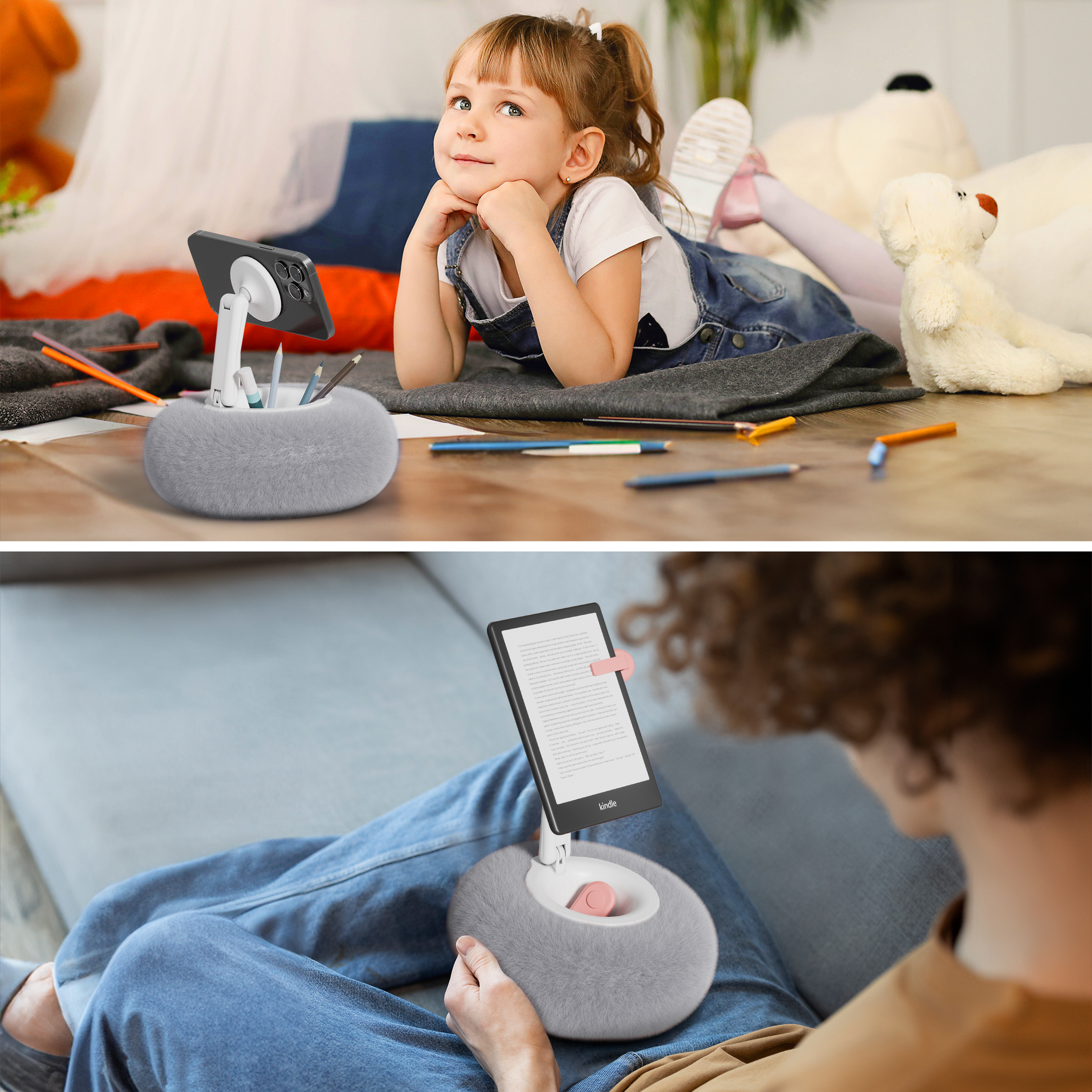 Viozon Phone Holder for Bed, Magnetic Pillow Stand, Compatible with 4-7" devices with Small Storage,Grey