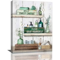 Bathroom Floral Wall Art Rustic Country Teal Flower Butterfly Pictures Wall Decor Farmhouse Bathroom Rules Bathroom Sign Decorations Canvas Painting Prints Framed Artwork for Toilet Restroom 12"x16"