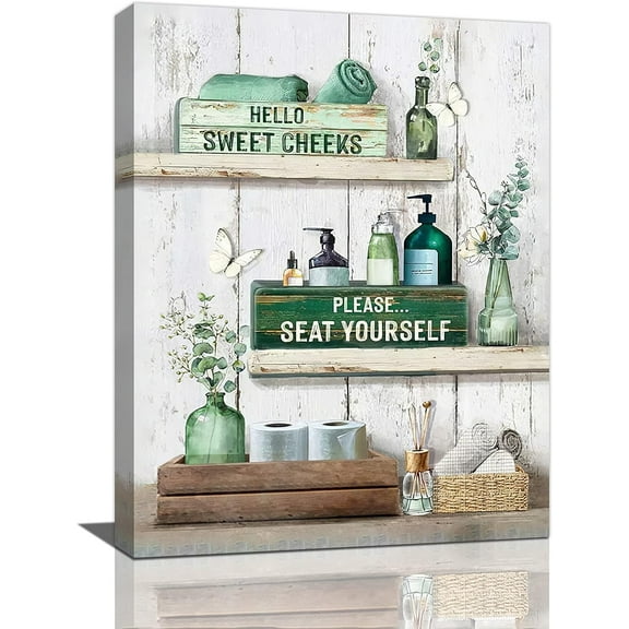 Bathroom Floral Wall Art Rustic Country Teal Flower Butterfly Pictures Wall Decor Farmhouse Bathroom Rules Bathroom Sign Decorations Canvas Painting Prints Framed Artwork for Toilet Restroom 12"x16"