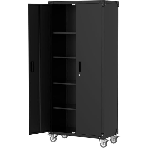 Towallmark Metal Storage Cabinet 72"H with Wheels, Steel Tool Cabinet with Pegboard and 4 Adjustable Shelves, Lockable Rolling Garage Cabinet for Home,Garage,Office Organization (with wheels, black)