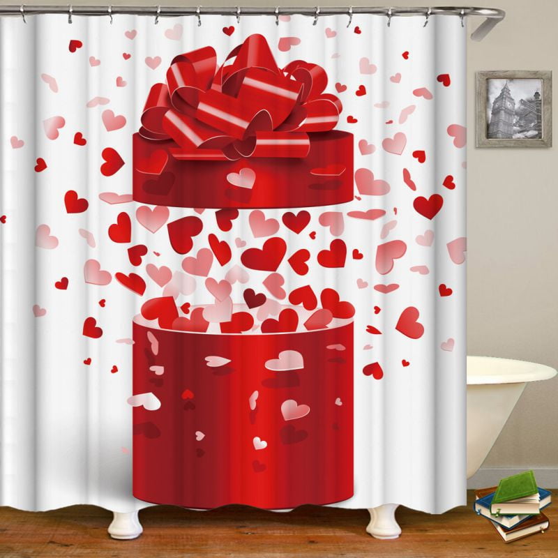 Waterproof Fabric Flying Love Hearts Balloons Valentine Shower Curtain Set Liner 