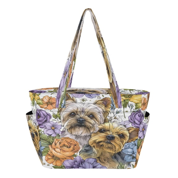 Quilted Tote Bag Large Capacity Multi-Compartment Handbag Lightweight Structured Shoulder Bag Versatile Casual Bag Lovely Yorkshire Terrier Dogs