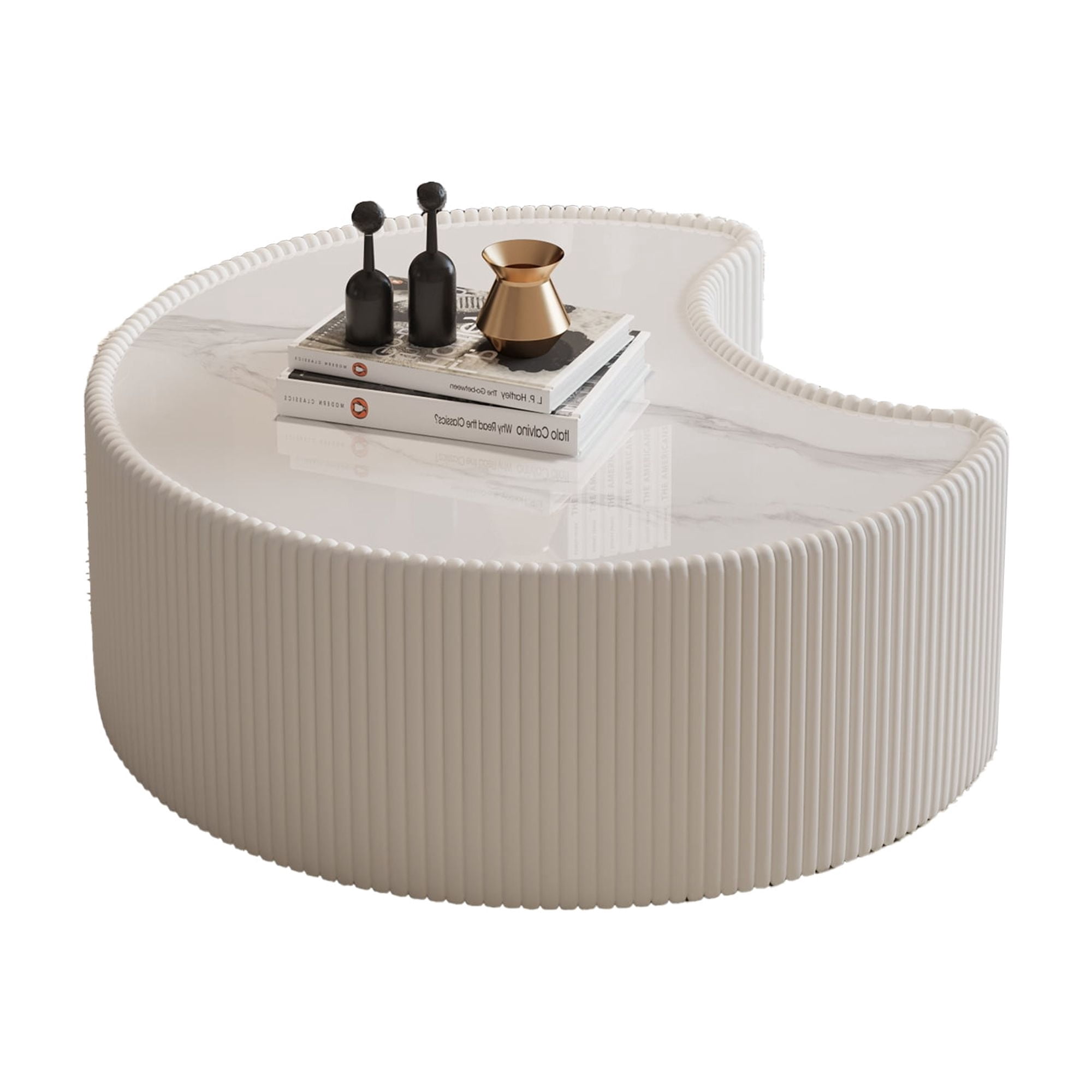 Sintered Stone Coffee Table 29.53 Inch, Irregular Shape Leather Top for Living Room Office, Cream White