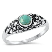 CHOOSE YOUR COLOR Bali Flower Simulated Turquoise Ring .925 Sterling Silver Band Blue CZ Female Size 8