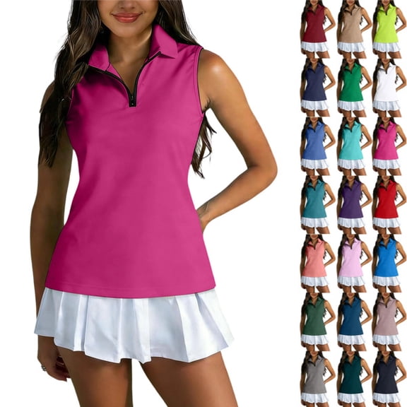 Womens Golf Polo Shirts Casual Solid Color Sleeveless Zipper Tank Tops Lightweight Quick Dry Athletic Tennis Shirt,Hot Pink,L