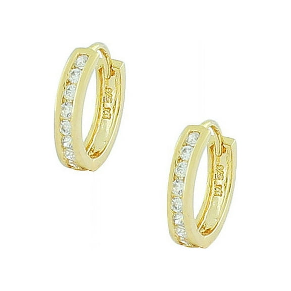 925 Sterling Silver Yellow Gold-Tone White CZ Hoop Huggie Earrings
