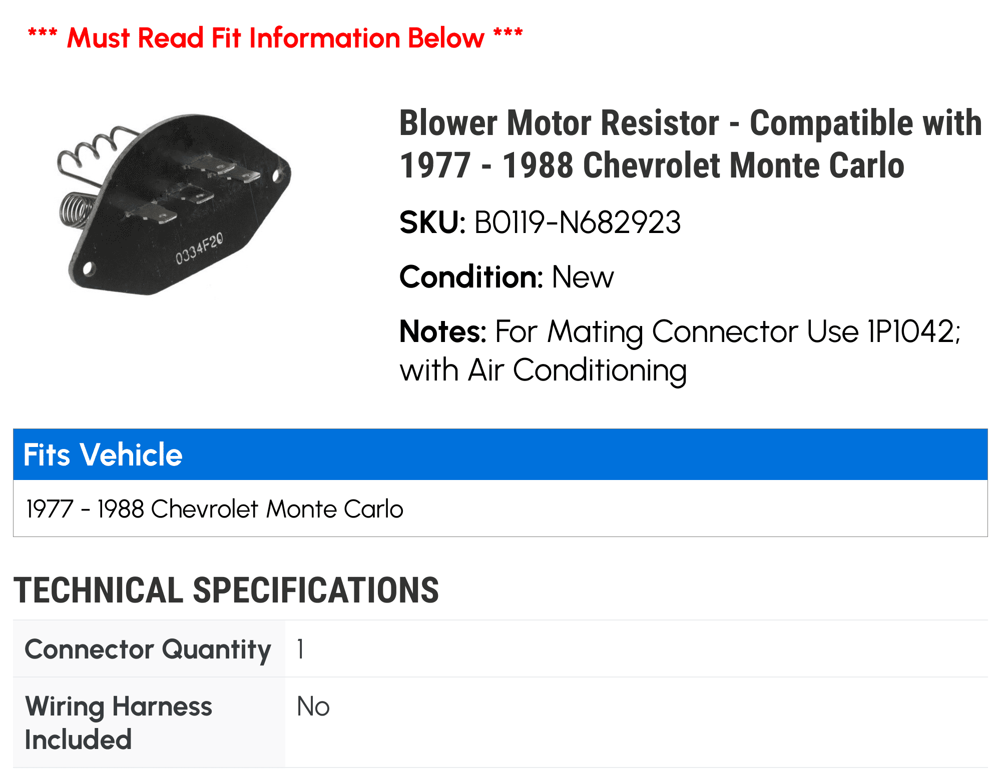 Blower Motor Resistor - Compatible with 1977 - 1988 Chevy Monte Carlo 1978 1979 1980 1981 1982 1983 1984 1985 1986 1987