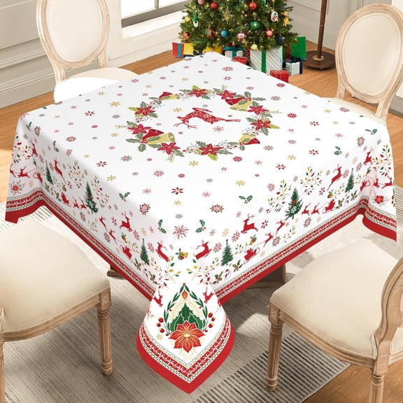 Square Christmas Tablecloth 60x60 Inch, Washable Elegant Farmhouse Winter Holiday Xmas Christmas Table Cloth Square Table Cover, White