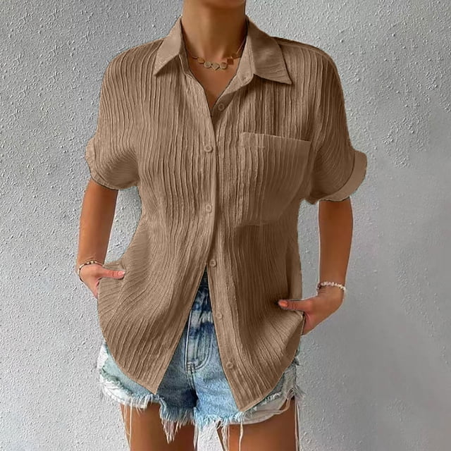ICHUANYI Clearance Women's Color Short Sleeved Loose Fitting Shirt Button V-neck Color Shirt Tops(Brown, XL) ICHUANYI WER2023080900735