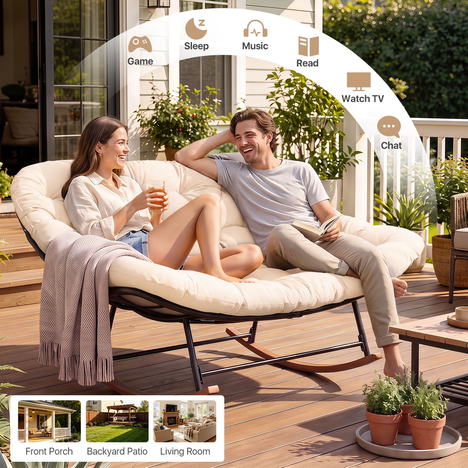 BaPiPro Oversized Double Papasan Rocking Chair with Thick Cushion, 2 Person Outdoor Rocking Loveseat, Heavy Duty Double Egg Chair with Wood Grain Base for Patio Porch, 440lbs Capacity, Off-White