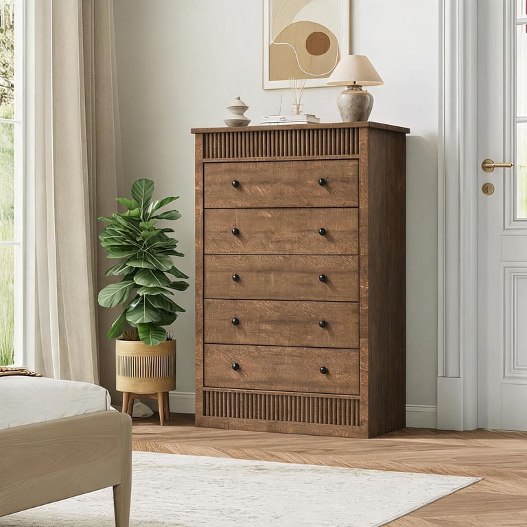 brown wood tall dresser for bedroom Modern 5 Drawer Dresser, 31.5-Inch Wide Fluted Storage Chest Bedroom, Living Room, Hallway, Nursery & Kids Room, Its gently curved drawer S-494 50s a line dress Gown Length:CUSTOM SIZE