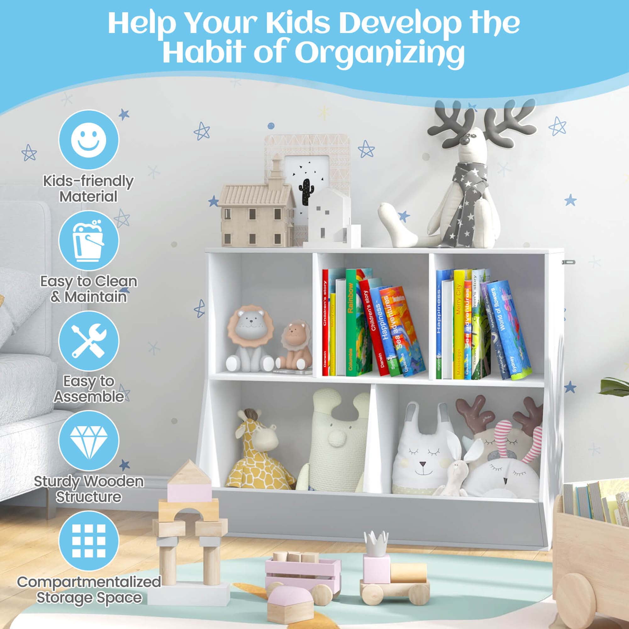 Costway 5-Cubby Kids Toy Storage Organizer Wooden Bookshelf Display Cabinet White