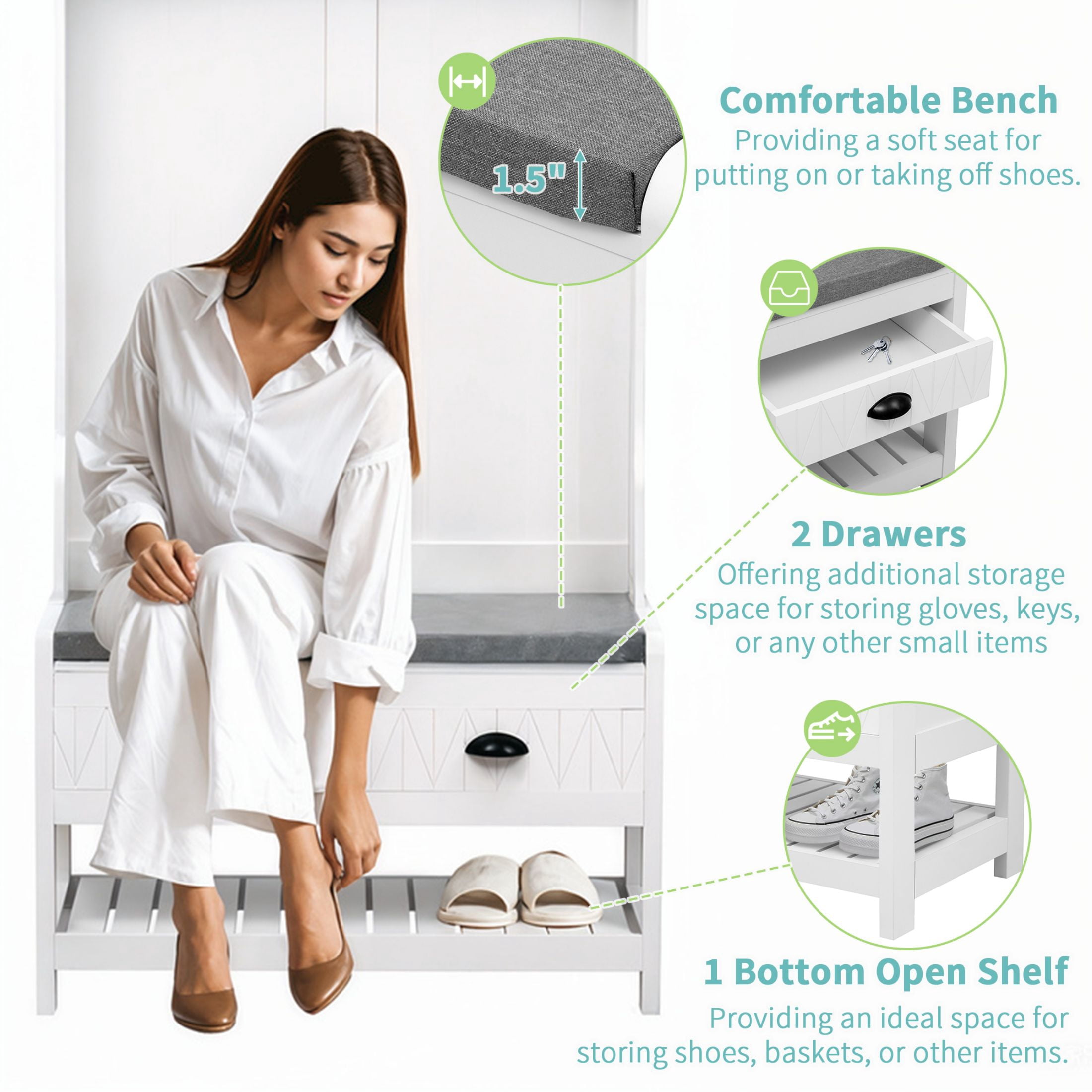DEALTOPS Modern Hall Tree with Soft Bench and Movable Storage Boxes, Entryway Coat Racks with Drawers, White