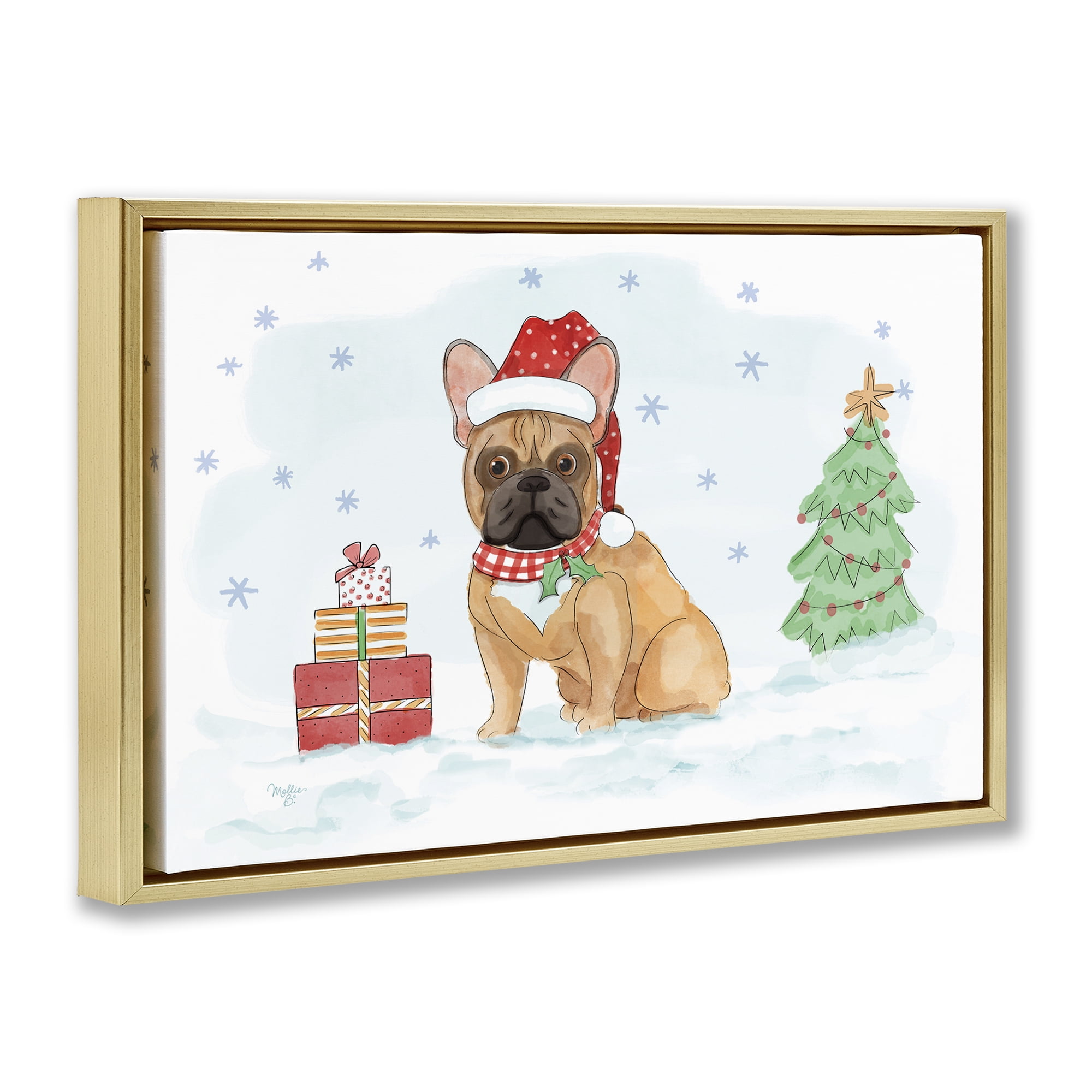 Stupell Industries Holiday Dog in Snow Holiday Painting Gold Floater Framed Canvas Art Prints Wall Art, 31 x 21