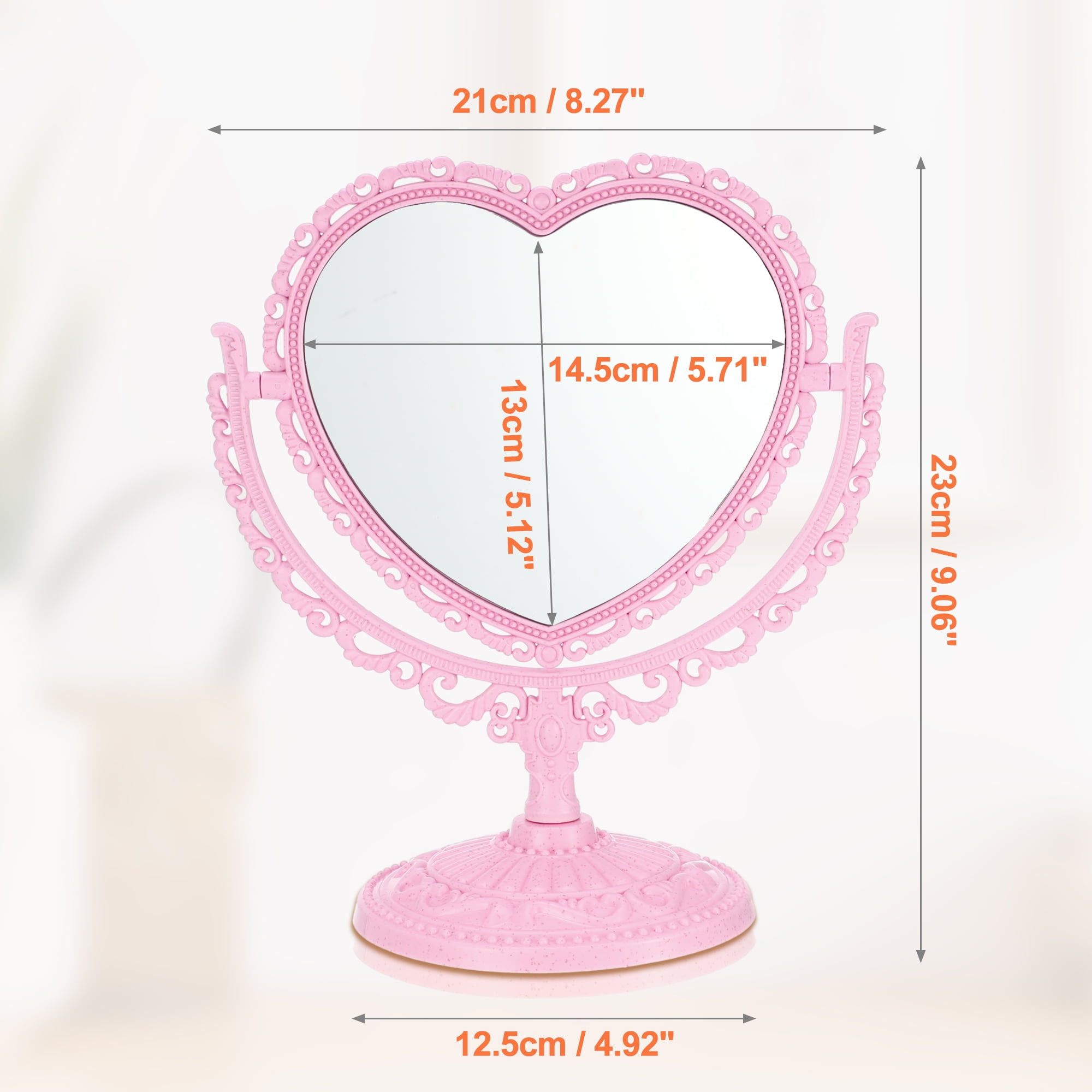 Unique Bargains Love Heart Shaped Double Sided 360° Rotating Makeup Mirror 1 Pc Pink
