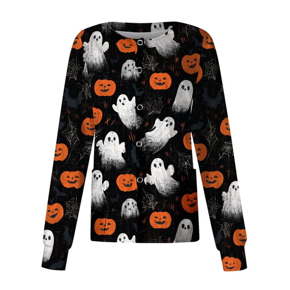 Halloween Scrub Jackets for Women Pumpkin Ghost Bat Print Shirts Snap Front Short Sleeve Nursing Uniform with Pockets Spooky Medical Work Cardigan Jacket,Black,S