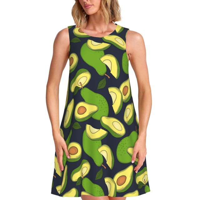 Easygdp Fresh Avocado para Vestido Transpirable de Mujer, Vestido Suelto de Manga Corta con Pliegues y Bolsillos para el Verano