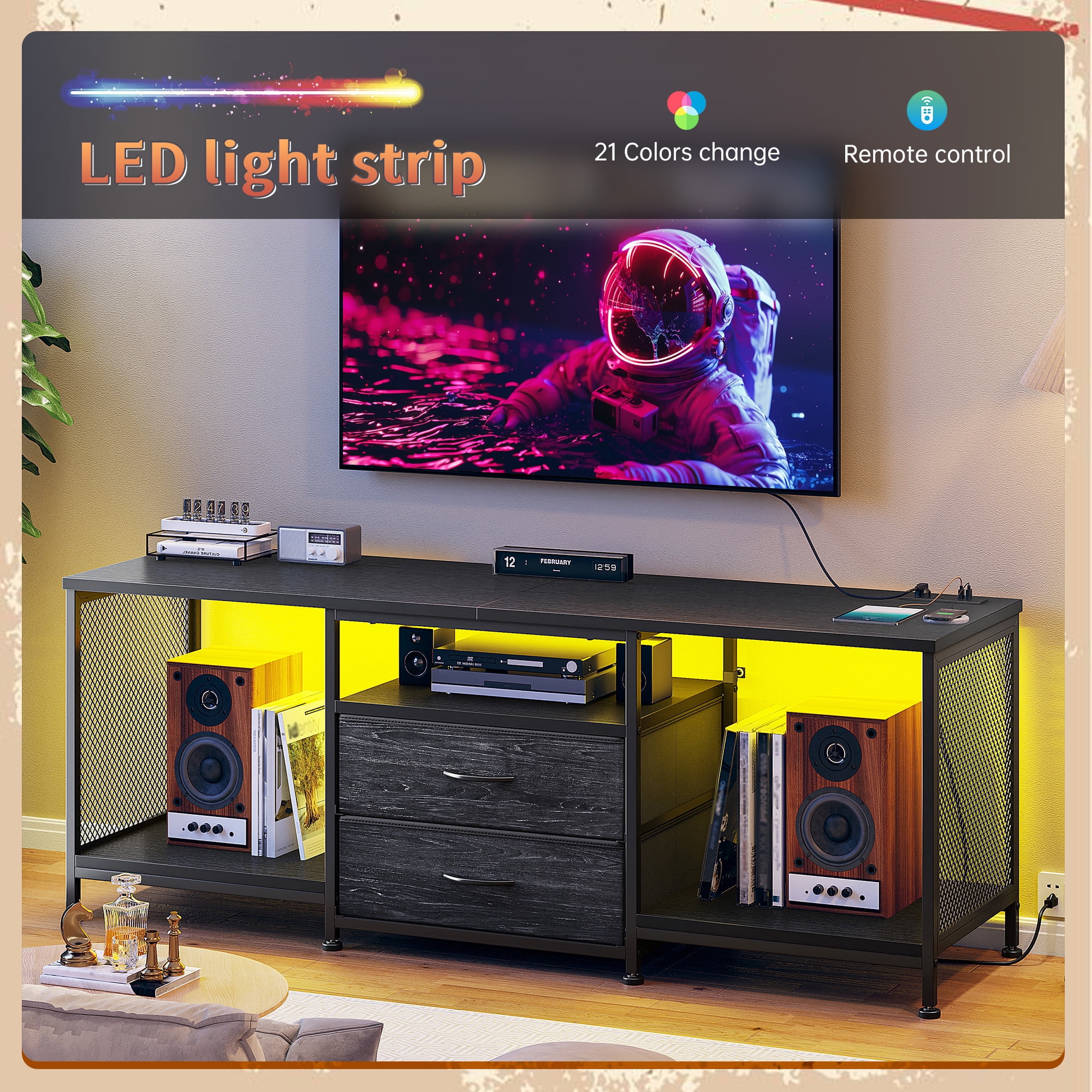 Dresser with Power Outlets & LED Lights Dresser for Bedroom with 2 Drawers TV Stand with Open Storage Shelves,Black