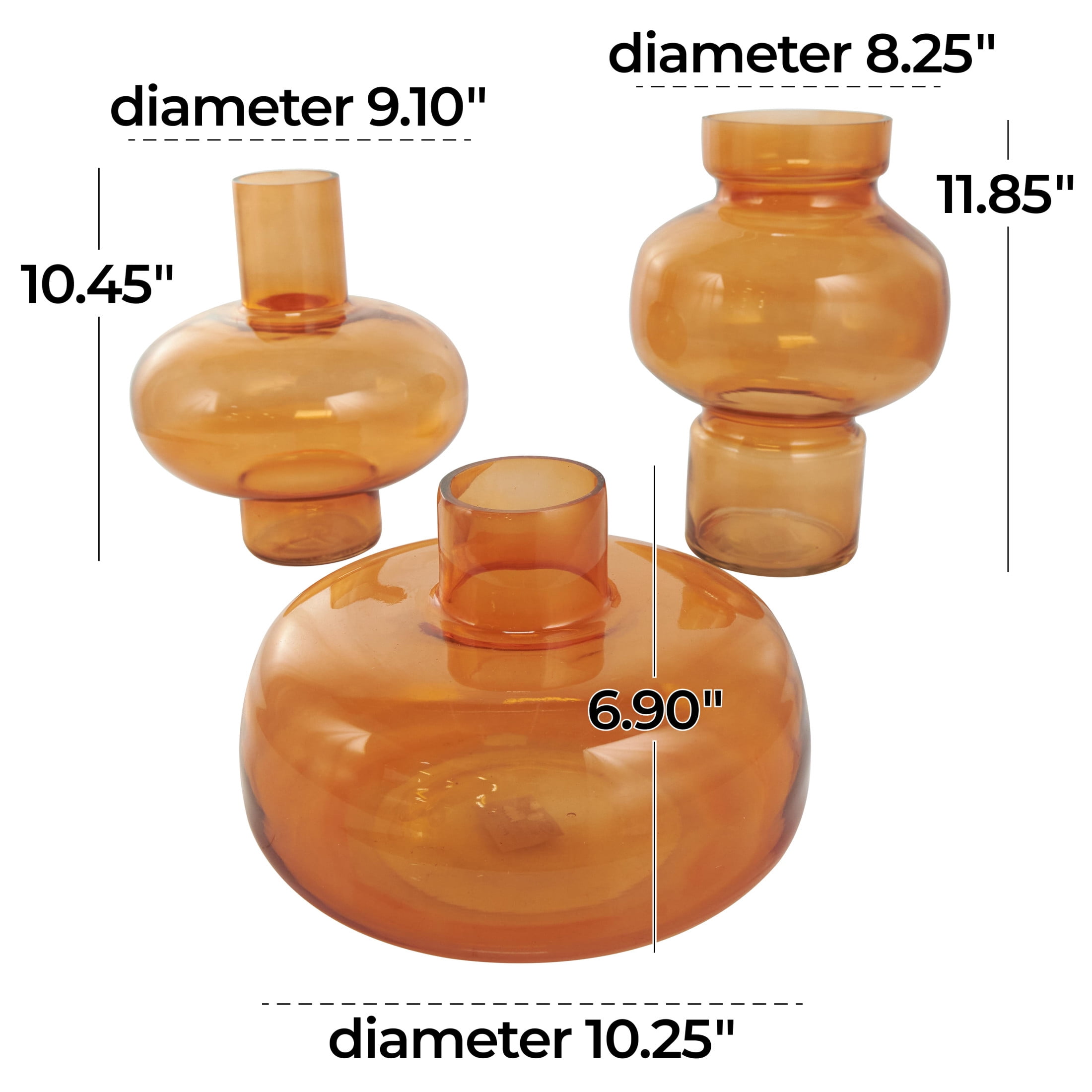 DecMode 12", 10", 7"H Round Orange Glass Vase with Varying Shapes and Sizes, Set of 3