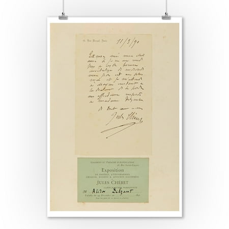 - Exposition de Jules Cheret (tipped in signed note) Vintage Poster (artist: Cheret) France c. 1889 (9x12 Art Print, Wall Decor Travel Poster)