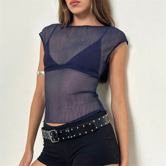 Endives Mesh Short Sleeve Tops for Women Lace Tops Slim Fit Crop Tops Shirt See Through Going Out Top Club Wear Night Wear T Shirts for Women M
