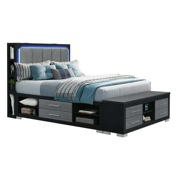 Madison Black-Gray Wood Queen Bed with Full Storage