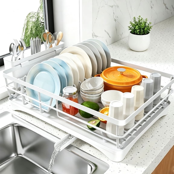 Dish Drying Rack for Kitchen Counter, Large Rustproof Dish Drainer with Utensil Holder & Drainboard, Space-Saving Countertop Organizer