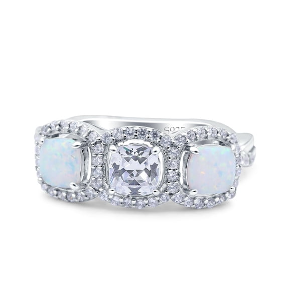 Simulated Cubic Zirconia Size-5 Halo Cushion Art Deco Three Stone Wedding Bridal Ring Created White Opal 925 Sterling Silver