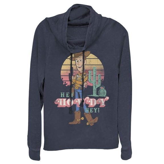 Junior's Toy Story Hey Howdy Woody Cowl Neck Sweatshirt Navy Blue 4X Large
