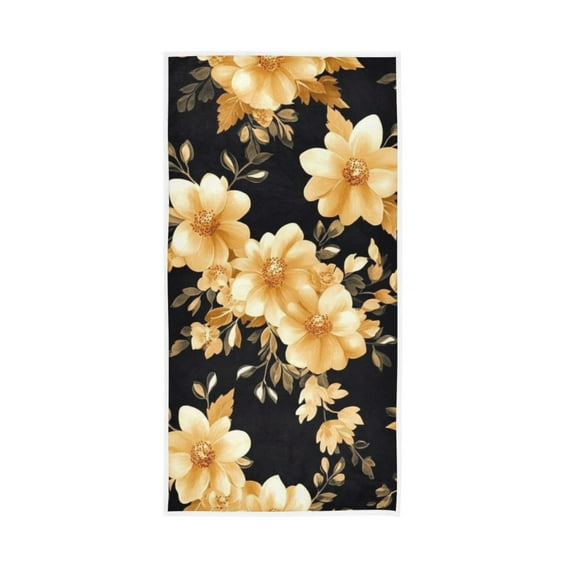 Yellow Floral on Black Face Towel Absorbent Hand Towels Bath Sport Gym