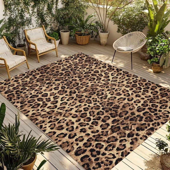 Leopard Printed Outdoor Rug for Patio/Deck/Porch, Non-Slip Large Area Rug 5 x 8 Ft, Modern Animals Textured Brown Indoor Outdoor Rugs Washable Area Rugs, Reversible Camping Rug Carpet Runner