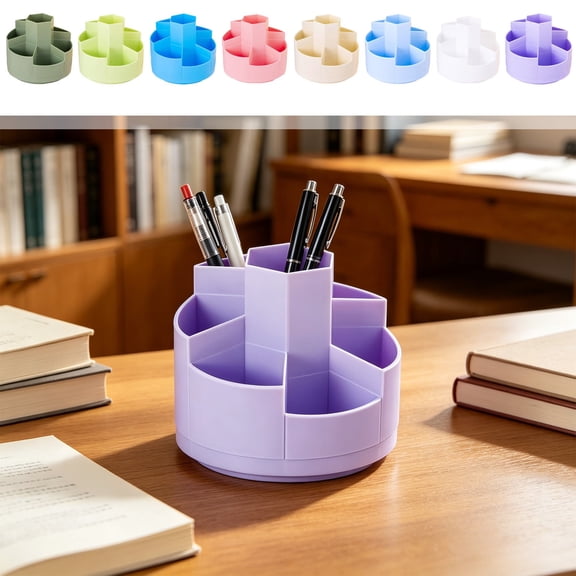 360 Degree Rotating Desktop Pen Holder, Stepped Multi Compartment Stationery Storage Bin, Plastic Tableware Organizer for Office Desk, AKLJWH