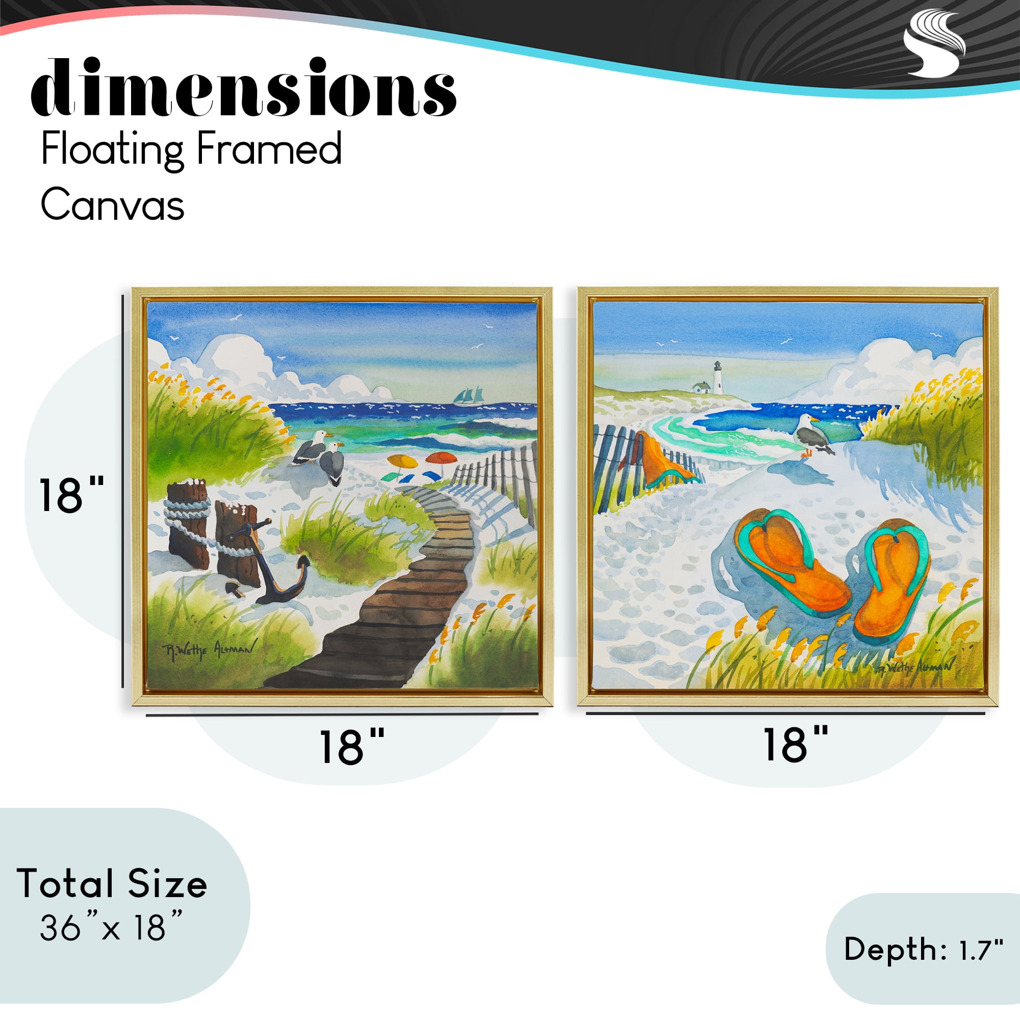 Stupell Industries Boardwalk Through Beach Scenery 2 Piece Gold Framed Floater Canvas Set, design by Robin Altman