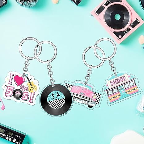 50's Party Decorations 24Pcs 50s Theme Keychains 1950's Rock and Roll Key Chains Colorful Retro Car Vinyl Record Guitar Acrylic Keyrings Party Favors for 50's Theme Music Party Birthday Party
