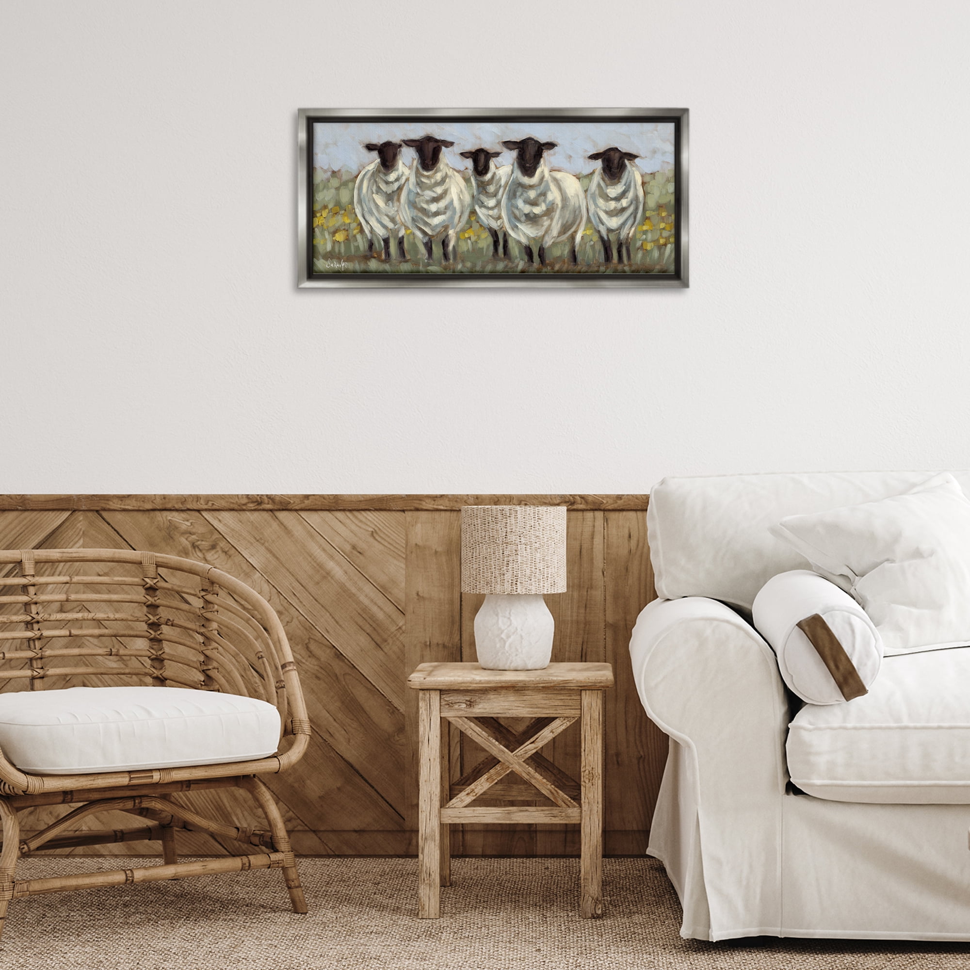 Stupell Industries Gazing Sheep Impression Animals Painting Gray Floater Framed Canvas Art Print Wall Art, 25 x 11
